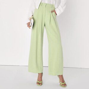 Lulus Never Miss Lime Green High-waisted Wide-leg Trouser Pants - Size M
